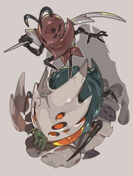 1girl absurdres ant_girl arthropod_girl black_skin bluegeyko colored_skin god_tamer_(hollow_knight) grey_background highres holding holding_sword holding_weapon hollow_knight orange_eyes sword weapon white_mask