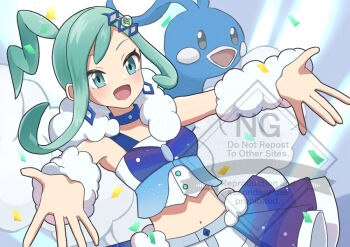 1girl :d altaria arm_warmers confetti earrings gen_3_pokemon green_eyes green_hair jewelry lisia_(pokemon) long_hair looking_at_viewer midriff navel nintendo open_mouth pokemon pokemon_(creature) pokemon_oras ponytail smile white_arm_warmers yyukisnow