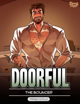 Rule 34 | 1boy, arm tattoo, artist name, bara, beard, blush, boog how, commentary, date everything, dorian (date everything), english commentary, facial hair, grin, hand on own hip, highres, jewelry, key, key in mouth, key necklace, looking at viewer, male focus, muscular, muscular male, necklace, necklace in mouth, open clothes, open shirt, pectorals, shirt, smile, tattoo, white shirt