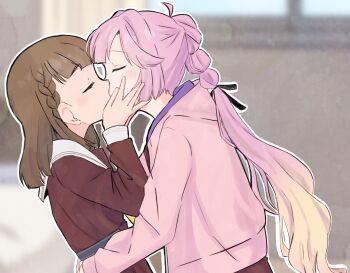 2girls \||/ ahoge anyoji_hime black_ribbon blonde_hair blurry blurry_background blush braid brown_dress brown_hair center-flap_bangs closed_eyes dress gradient_hair hair_ribbon hand_on_another&#039;s_cheek hand_on_another&#039;s_face hasu_no_sora_school_uniform highres hood hooded_jacket indoors jacket kachimachi_kosuzu kisaragi_yukitora kiss link!_like!_love_live! long_hair long_sleeves love_live! multi-tied_hair multicolored_hair multiple_girls neckerchief open_clothes open_jacket outline pink_hair pink_jacket ponytail profile ribbon sailor_collar sailor_dress school_uniform side_braids upper_body virtual_youtuber white_outline white_sailor_collar winter_uniform yellow_neckerchief yuri