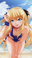 Rule 34 | 1girl, absurdres, arm up, bare shoulders, bikini, blonde hair, blue eyes, bow, breasts, cleavage, goli matsumoto, hair bow, highres, leaning forward, long hair, looking at viewer, medium breasts, official art, open mouth, shalon, side-tie bikini bottom, sidelocks, skirt, smile, solo, swimsuit, teeth, thighs, two side up, upper teeth only