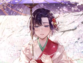 1girl bell bleach bleach:_sennen_kessen-hen branch cherry_blossoms clenched_teeth commentary_request etranger140 flower hair_bell hair_flower hair_ornament hair_ribbon highres hinamori_momo holding holding_umbrella japanese_clothes kimono looking_down oil-paper_umbrella portrait purple_eyes purple_hair ribbon sideways_glance signature solo teeth tree twitter_username umbrella watermark