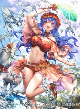 1girl beach bikini blue_eyes blue_hair blue_sky cloud company_name copyright_name female_focus fire_emblem fire_emblem:_the_binding_blade fire_emblem_cipher fire_emblem_heroes horse lilina_(fire_emblem) lilina_(summer)_(fire_emblem) long_hair matching_hair/eyes navel nintendo official_art open_mouth palm_tree sencha_(senchat) sky solo stomach swimsuit thighs tree water