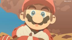 1boy 2025 3d animated artist_name blue_eyes blue_overalls boots brown_boots brown_hair clenched_hands close-up commentary day driving english_commentary facial_hair gameplay_mechanics gloves go-kart hat isaac_weston jumping lamppost male_focus mario mario_(series) mario_kart mario_kart_world motor_vehicle multiple_views mustache newsboy_cap nintendo open_mouth outdoors overalls perspective red_hat red_shirt road road_sign shirt sign sparks twitter_username video white_gloves