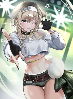 1girl absurdres belt black_nails black_sports_bra blonde_hair blue_eyes breasts brown_belt cat_necklace commentary_request eb_030 fingerless_gloves gloves goddess_of_victory:_nikke green_shorts hair_ears headband headset highres idol korean_commentary looking_at_viewer micro_shorts mole mole_on_stomach navel one_eye_closed prika_(nikke) shirt shorts smile solo sports_bra standing thigh_gap thighs two-sided_gloves white_headband white_shirt