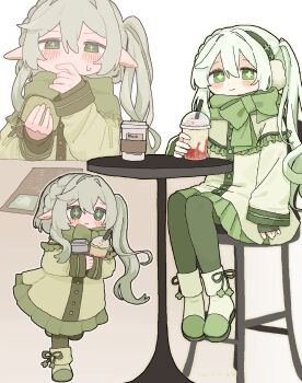 1girl absurdres alternate_costume bar_stool blush boots bow braid closed_mouth commentary_request cross-shaped_pupils cup disposable_coffee_cup disposable_cup eating frappuccino frills full_body genshin_impact green_boots green_eyes green_scarf green_shoes green_skirt hair_between_eyes hands_up highres holding holding_cup jacket long_hair long_sleeves looking_at_viewer multiple_views nahida_(genshin_impact) pleated_skirt pointy_ears scarf scarf_bow shoes side_ponytail sitting skirt sleeves_past_wrists smile standing stool sweatdrop symbol-shaped_pupils table umigasa white_background white_hair white_jacket