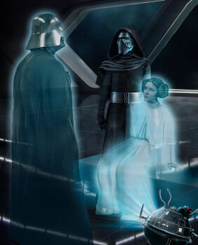 1girl 2boys black_cape black_helmet cape darth_vader double_bun dress hair_bun helmet highres hologram kylo_ren marietta_ivanova multiple_boys princess_leia probe_droid robot sitting spacecraft_interior standing star_wars white_dress