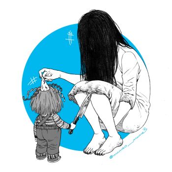 Rule 34 | 1boy, 1girl, black hair, child's play, chucky, dead by daylight, dress, ghost girl, greyscale, hair over face, hat, height difference, highres, holding, holding knife, katou setsuko, knife, monochrome, overalls, party hat, striped clothes, the ring, yamamura sadako
