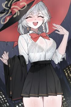 1girl ^_^ absurdres black_bra black_hat black_jacket black_skirt blue_archive blush bow bowtie bra bra_visible_through_clothes braid breasts closed_eyes commentary_request diagonal-striped_bow diagonal-striped_bowtie diagonal-striped_clothes dress_shirt elbow_carry eri_(blue_archive) grey_hair halo hat highres jacket ka_keo medium_breasts multicolored_hair outdoors pleated_skirt rain red_bow red_bowtie red_hair shirt shirt_tucked_in single_braid skirt smile solo streaked_hair striped_bow striped_bowtie striped_clothes thighs two-tone_hair underwear unworn_jacket water_drop wet wet_clothes white_shirt witch_hat