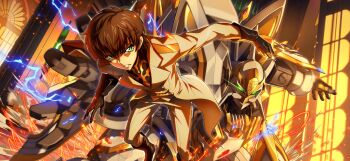 1boy arm_up artist_request black_boots black_gloves black_shirt boots brown_hair coat code_geass code_geass:_boukoku_no_akito code_geass:_lost_stories electricity eye_trail game_cg glint gloves glowing glowing_eyes green_eyes hair_between_eyes highres holding holding_key indoors jumping key kururugi_suzaku lancelot_(boukoku_no_akito) lancelot_(code_geass) leaning_forward light_trail long_sleeves looking_at_viewer male_focus mecha military_uniform non-web_source official_art orange_theme pants parted_lips robot serious shirt short_hair sidelocks solo sparks sunset teeth v-shaped_eyebrows white_coat white_pants window