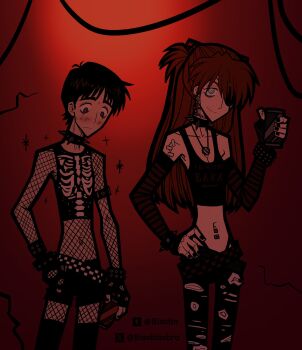 1boy 1girl @_@ absurdres alternate_costume arm_belt belt bisotin_(bisobisobro) black_choker black_gloves black_hair black_nails black_pants black_shirt black_shorts black_thighhighs blue_eyes blush bodystocking bone_print bracelet breasts brown_eyes can choker cleavage closed_mouth collar crop_top cross cross_earrings cross_necklace denim detached_sleeves earrings embarrassed eyepatch fingerless_gloves fishnet_bodystocking fishnets g-string gloves goth_fashion hand_on_own_hip highres holding holding_can ikari_shinji interface_headset_(evangelion) jeans jewelry looking_down navel_piercing necklace neon_genesis_evangelion orange_hair pants piercing print_shirt rebuild_of_evangelion red_background shirt short_hair short_shorts shorts small_breasts smile souryuu_asuka_langley spiked_collar spikes striped_sleeves studded_belt sweat tattoo_choker thighhighs thong torn_clothes torn_gloves torn_jeans torn_pants