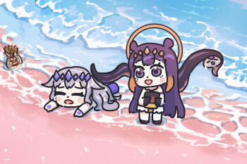 Rule 34 | 1other, 2girls, abstract background, bahamas, beach, bing huyue, blush stickers, book, chest jewel, chibi, commentary, detached sleeves, english commentary, gem, gem hair ornament, gradient hair, hair flaps, halo, hand jewel, highres, hololive, hololive english, koseki bijou, koseki bijou (1st costume), long hair, lying, lying on water, mole, mole under eye, multicolored hair, multiple girls, ninomae ina'nis, ninomae ina'nis (1st costume), on stomach, open mouth, pebble (koseki bijou), purple eyes, purple gem, purple hair, single detached sleeve, tentacle hair, tentacles, very long hair, virtual youtuber, wet