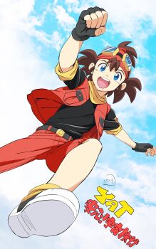 1boy belt black_belt black_gloves black_shirt black_shoes blue_eyes blue_sky breast_pocket brown_hair cloud commentary_request copyright_name dutch_angle fingerless_gloves foot_out_of_frame gloves goggles goggles_on_headwear hat highres hoshiwatari_goro jacket looking_at_viewer male_focus nori_(norimakigumo) open_clothes open_jacket open_mouth pocket red_hat red_jacket red_shorts shirt shoes short_sleeves shorts signature sky smile socks solo standing standing_on_one_leg teeth upper_teeth_only yat_anshin_uchuu_ryokou yellow_socks