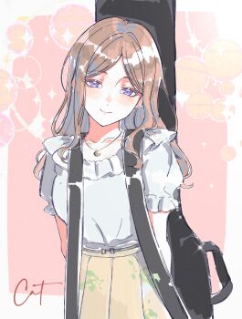 1girl absurdres bang_dream! bang_dream!_it's_mygo!!!!! blue_eyes blush brown_hair chinese_commentary closed_mouth commentary_request cowboy_shot guitar_case highres huaxue_maomi instrument_case instrument_on_back long_hair looking_at_viewer nagasaki_soyo shirt short_sleeves solo sparkle white_shirt