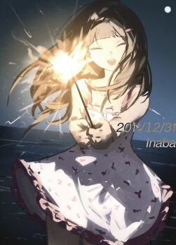 1girl absurdres blunt_bangs brown_hair closed_eyes commentary_request cowboy_shot doujima_nanako dress facing_viewer fireworks full_moon hair_ornament hairclip highres holding holding_fireworks k1kiwa lace lace-trimmed_dress lace_trim location_name long_hair moon night night_sky ocean open_mouth persona persona_4 print_dress sky smile solo spaghetti_strap sparkler teeth timestamp upper_teeth_only white_dress wind