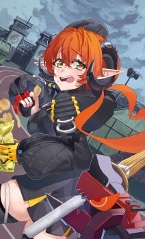 1girl absurdres ammunition angry asymmetrical_gloves black_hat black_horns blush bokken breasts chips_(food) cloud cloudy_sky crying curled_horns dessert dragon_girl dragon_horns fence fingerless_gloves food gloves green_eyes hair_between_eyes harukimatsui_25 hat highres holding holding_food holding_weapon horns long_hair magus_(zenless_zone_zero) mechanical_horns mechanical_tail military_base mismatched_gloves open_mouth orange_hair orange_pupils orphie_magnusson pointy_ears potato_chips single_fingerless_glove sky sweets sword tail tearing_up thigh_focus thighhighs thighs twintails weapon wooden_sword yellow_gloves zenless_zone_zero