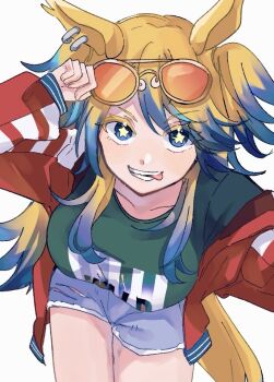 Rule 34 | 1girl, adjusting eyewear, animal ears, blonde hair, blue eyes, blue hair, blue shorts, breasts, collarbone, commentary request, eyewear on head, green shirt, horse ears, horse girl, horse tail, jacket, jewelry, large breasts, long hair, long sleeves, looking at viewer, mia umauma, multicolored hair, obey your master (umamusume), open clothes, open jacket, open mouth, orange-tinted eyewear, red jacket, shirt, shorts, simple background, smile, solo, star-shaped pupils, star (symbol), symbol-shaped pupils, tail, teeth, tinted eyewear, tongue, tongue out, torn clothes, torn shorts, two-tone hair, umamusume, umamusume: cinderella gray, white background