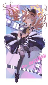 1girl absurdres animal_ear_fluff black_headband black_overskirt blue_archive choker dress flower fluffy_hair frilled_choker frills full_body grey_dress grey_feathers halo hat hat_flower headband highres holding holding_microphone idol idol_clothes long_hair looking_at_viewer mari_(blue_archive) mari_(idol)_(blue_archive) microphone mini_hat mini_top_hat official_alternate_costume one_eye_closed orange_hair rose shortofsugar smile solo teeth top_hat wrist_wrap yellow_flower yellow_halo yellow_rose