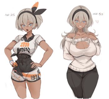 1girl abs age_progression aged_up bea_(pokemon) black_hairband black_pants bodysuit breasts cleavage cleavage_cutout clothing_cutout commentary dark-skinned_female dark_skin english_commentary english_text grey_eyes grey_hair hair_between_eyes hairband highres large_breasts looking_at_viewer mature_female medium_breasts nintendo off-shoulder_sweater off_shoulder pants pokemon pokemon_swsh rakeemspoon short_hair short_shorts shorts sweater white_background
