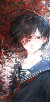 1girl absurdres black_eyes black_hair black_shirt edward_shidan flower highres impasto looking_at_viewer neckerchief parted_lips red_neckerchief sailor_collar sailor_shirt shimizu_hinako shirt short_hair silent_hill_(series) silent_hill_f solo upper_body