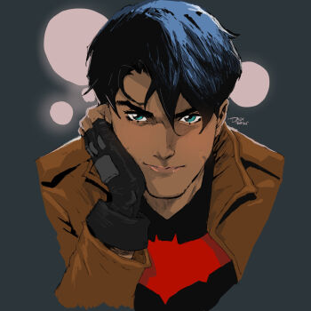 1boy bat_signal batman_(series) batman_symbol black_bodysuit black_hair bodysuit dc_comics dexter_soy gloves grey_bodysuit highres jason_todd looking_at_viewer male_focus multicolored_bodysuit muscular red_hood_(dc) red_hood_and_the_outlaws short_hair simple_background solo superhero_costume two-tone_bodysuit upper_body western_comics_(style)