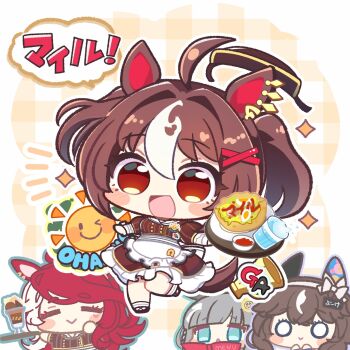 Rule 34 | 4girls, :>, :d, = =, animal ears, apron, blue eyes, blunt bangs, blush stickers, brown dress, brown hair, brown shoes, chibi, chibi only, chrono genesis (umamusume), closed mouth, commentary request, crossed bangs, cup, curren bouquetd'or (umamusume), double-parted bangs, dress, drinking glass, frilled apron, frilled dress, frills, full body, gingham background, gran alegria (umamusume), grey hair, hair between eyes, hair ornament, heart, highres, holding, holding tray, horse ears, horse girl, horse tail, long hair, loves only you (umamusume), mokemongetdaze, multicolored hair, multiple girls, notice lines, o o, open mouth, outline, red eyes, red hair, salad, shoes, short hair, short sleeves, smile, socks, sparkle, standing, standing on one leg, striped clothes, striped dress, tail, translation request, tray, two-tone hair, umamusume, waist apron, water, white apron, white hair, white outline, white socks, x hair ornament, yellow background