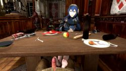 10s 1girl 3boys 3d animated apple arm_support armor barefoot blue_bodysuit blue_cape blue_eyes blue_gloves blue_hair blue_tunic bodysuit bone boots bottle bread brown_footwear brown_pants cape chair close-up coat erection eye_contact feet fingerless_gloves fire_emblem fire_emblem_awakening food footjob footjob_under_table fork fruit gloves hair_between_eyes hairband hand_on_face hetero highres indoors intelligent_systems lobster long_hair long_sleeves looking_at_another looking_at_viewer lucina_(fire_emblem) mask unworn_mask matching_hair/eyes meat multiple_boys multiple_views nintendo pants penis plate ponkosfm pov public_indecency red_coat rubbing short_hair shoulder_armor sitting sleeping soles solo_focus source_filmmaker_(medium) standing stealth stealth_sex super_smash_bros. sword table tavern toes tunic uncensored under_table video watching weapon