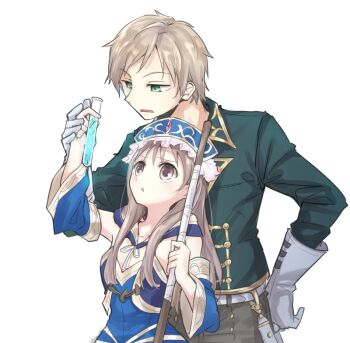 1boy 1girl arm_up atelier_(series) atelier_meruru blue_sleeves brown_eyes brown_hair commentary_request detached_sleeves gino_knab gloves green_eyes green_jacket grey_gloves hand_on_own_hip hand_up hat holding holding_test_tube jacket karasumi_(aiseec) liquid long_hair long_sleeves looking_up open_mouth short_hair simple_background test_tube totooria_helmold white_background
