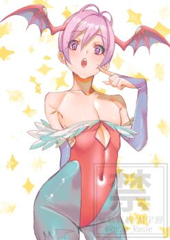 1girl animal_print arm_behind_back bare_shoulders bat_print blue_bridal_gauntlets blue_pantyhose bridal_gauntlets clothing_cutout cowboy_shot cutout_above_navel darkstalkers demon_girl demon_wings flat_chest head_wings leotard lilith_(darkstalkers) open_mouth pantyhose print_pantyhose purple_eyes purple_hair red_leotard rosie_rosie short_hair simple_background solo sparkle watermark white_background wings