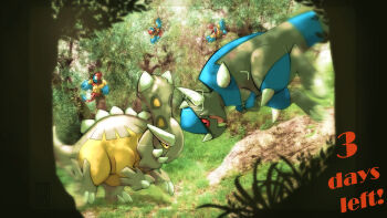 Rule 34 | animal focus, archen, bastiodon, closed mouth, commentary, countdown illustration, digitalclaws, english commentary, english text, from side, gen 4 pokemon, gen 5 pokemon, grass, highres, moss, new pokemon snap, nintendo, no humans, open mouth, outdoors, pokemon, pokemon (creature), pokemon focus, rampardos, spikes, tree, viewfinder