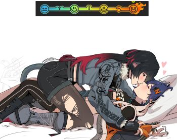 2girls absurdres animal_ears bed belle_(zenless_zone_zero) black_gloves black_hair black_pantyhose black_shirt black_shorts blue_hair boots breasts closed_eyes commentary fingerless_gloves french_kiss fur-trimmed_jacket fur_trim gameplay_mechanics girl_on_top gloves grey_boots grey_jacket hair_ornament heart highres jacket jane_doe_(zenless_zone_zero) kiss letter_hair_ornament long_hair lying medium_breasts mouse_ears mouse_girl mouse_tail multicolored_hair multiple_girls navel on_back on_bed orange_gloves pantyhose pillow red_hair shirt shorts simple_background tail torn_clothes torn_pantyhose two-tone_hair very_long_hair white_background yuri zanqi zenless_zone_zero