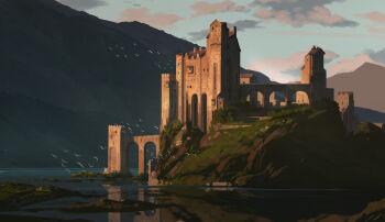 Rule 34 | absurdres, arch, assassin's creed: valhalla, assassin's creed (series), blue sky, castle, cloud, commentary, english commentary, flock, highres, hill, lake, landscape, medieval, mountain, mountainous horizon, no humans, outdoors, painterly, raphael-lacoste, scenery, shore, sky, tower