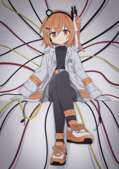 1girl a.i._voice absurdres adachi_rei black201_wav black_hairband black_pantyhose blush cable closed_mouth commentary crossed_legs dot_nose drawstring full_body gloves grey_skirt hair_between_eyes hair_ribbon hairband highres jacket long_sleeves looking_at_viewer miniskirt one_side_up open_clothes open_jacket orange_eyes orange_hair orange_shoes pantyhose pleated_skirt ribbon shoes short_hair sitting skirt smile sneakers solo utau white_gloves white_jacket white_ribbon