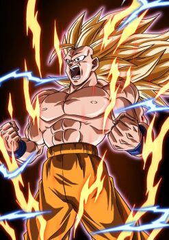 Rule 34 | 1boy, a3rudbzeno, aura, black background, clenched hands, commentary request, cowboy shot, dragon ball, dragon ball daima, electricity, highres, long hair, male focus, muscular, muscular male, no eyebrows, red eyes, simple background, solo, son goku, spiked hair, super saiyan, super saiyan 3, topless male
