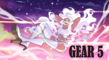 13unn7 1girl absurdres arms_behind_head arms_up breasts cleavage closed_eyes female_focus floating full_body gear_fifth high_heels highres jewelry_bonney large_breasts long_hair midriff navel one_piece solo thighhighs white_hair