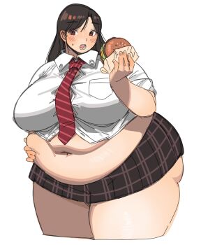 1girl belly belly_grab black_hair blush breasts burger button_gap fat fat_rolls fat_woman food highres holding holding_food huge_breasts ki-da_(ipkcte5b0htjned) long_hair midriff miniskirt navel necktie obese open_mouth original plaid_clothes plaid_skirt red_eyes shirt skirt solo standing sweat thick_thighs thighs tight_clothes undersized_clothes white_background white_shirt