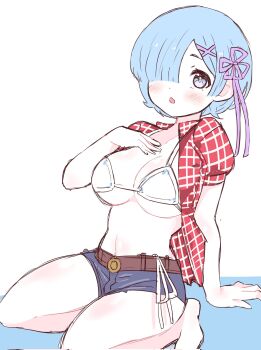 1girl arm_support belt bikini bikini_ribbon bikini_top_only blue_background blue_eyes blue_hair blue_shorts blunt_bangs blush breasts bright_pupils checkered_clothes checkered_shirt cleavage collarbone collared_shirt commentary_request cosplay denim denim_shorts dot_nose hair_ornament hair_over_one_eye hair_ribbon hand_on_own_chest highres kwon_eun-bi kwon_eun-bi_(cosplay) large_breasts leaning_back long_navel looking_at_viewer medium_eyebrows meunkoyomi navel open_mouth pink_ribbon puffy_short_sleeves puffy_sleeves re:zero_kara_hajimeru_isekai_seikatsu red_shirt rem_(re:zero) ribbon shirt short_shorts short_sleeves shorts simple_background sitting sketch solo swimsuit two-tone_background wariza water white_background white_bikini white_pupils white_ribbon x_hair_ornament