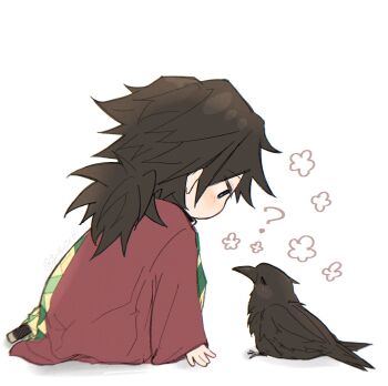 1boy ? bird black_hair blue_eyes chibi chibi_only closed_eyes commentary crow empty_eyes full_body g_yu0o0 haori highres japanese_clothes kanzaburou_(kimetsu_no_yaiba) katana kikkoumon kimetsu_no_yaiba long_hair looking_at_animal low_ponytail male_focus ponytail print_haori profile red_haori simple_background sitting solo spiked_hair sword symbol-only_commentary tomioka_giyuu weapon white_background wimple