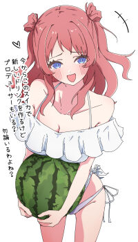 1girl absurdres ball bikini blue_eyes blush breasts cleavage collarbone commentary_request food fruit gakuen_idolmaster hanami_saki heart highres idolmaster looking_at_viewer medium_breasts off-shoulder_bikini off_shoulder open_mouth side-tie_bikini_bottom simple_background solo swimsuit translation_request two_side_up urishima watermelon white_background white_bikini