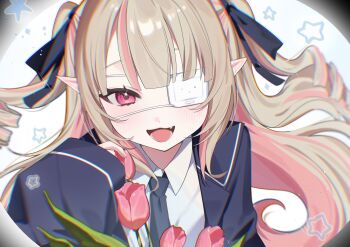 Rule 34 | 1girl, :3, blazer, blue jacket, blue necktie, blue ribbon, blue sailor collar, blush, collared shirt, colored inner hair, drill hair, eyepatch, fang, floating hair, flower, grey hair, hair intakes, hair ribbon, hand up, hashtag-only commentary, highres, jacket, kopi nagi, lapels, long hair, long sleeves, looking at viewer, makaino ririmu, medical eyepatch, monitoring (vocaloid), multicolored hair, necktie, nijisanji, notched lapels, official alternate costume, open clothes, open jacket, open mouth, pink flower, pink hair, pink streaks, pink tulip, pointy ears, pov peephole, red eyes, ribbon, sailor collar, school uniform, shirt, sidelocks, sleeves past wrists, smile, solo, sparkle, sparkling eyes, standing, star (symbol), streaked hair, tulip, two-tone hair, two side up, upper body, virtual youtuber, white background, white shirt
