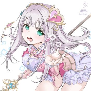 Rule 34 | 1girl, aimiirugod, artist name, atelier (series), atelier lulua, bent over, breasts, commentary request, commission, elmerulia frixell, frilled skirt, frills, green eyes, grey hair, holding, holding staff, large breasts, long hair, looking at viewer, skeb commission, skirt, smile, solo, sparkle, staff, watermark, watermark grid, white skirt