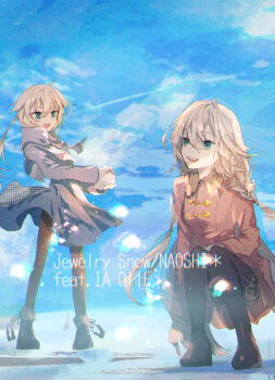 2girls ahoge black_boots blonde_hair blue_coat blue_eyes blue_sky boots braid cevio coat commentary day diamond_in_eye film_grain fur-trimmed_shoes heavy_film_grain highres holding holding_snowball ia_(vocaloid) karanagare long_hair multiple_girls one_(cevio) open_mouth outdoors pantyhose ponytail red_coat siblings sisters sky smile snowball song_name squatting standing symbol_in_eye thigh_boots twisted_torso vocaloid