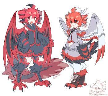 ahoge animal_ears bird_ears bird_legs bird_tail black_feathers claws drill_hair feathered_wings feathers grey_feathers hair_between_eyes harpy highres kasane_teto kasane_teto_(sv) kasane_teto_(utau) kasane_teto_(voicepeak) monster_girl multicolored_feathers open_mouth qiukui red_eyes red_feathers red_hair red_trim smile synthesizer_v tail twin_drills two-tone_wings utau voicepeak white_feathers winged_arms wings