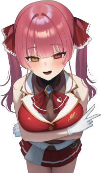 1girl absurdres arms_under_breasts blush breasts cleavage commentary_request cropped_jacket gloves hair_ribbon heterochromia highres hololive houshou_marine houshou_marine_(1st_costume) jacket large_breasts leotard leotard_under_clothes long_hair red_eyes red_jacket red_ribbon red_skirt ribbon shio_bd skirt sleeveless sleeveless_jacket smile solo virtual_youtuber white_gloves yellow_eyes