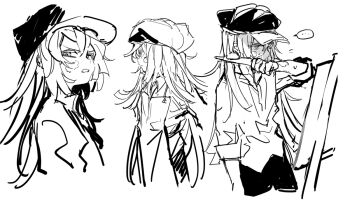... 1girl bad_id bad_twitter_id butter_pretzel_cookie commentary cookie_run cookie_run:_ovenbreak disgust easel hat humanization inactive_account long_hair looking_at_viewer monochrome multiple_views nana_(ebitokanimiso) painttool_sai_(medium) shaded_face shirt simple_background sketch smock spoken_ellipsis symbol-only_commentary very_long_hair white_background
