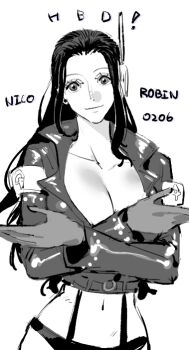 1girl breasts character_name cleavage closed_mouth commentary cowboy_shot cropped_jacket crossed_arms dated english_commentary gloves greyscale happy_birthday headphones jacket leather leather_jacket long_hair long_sleeves looking_at_viewer monochrome navel nico_robin nico_robin_(egghead) one_piece panties raine_(acke2445) sidelocks smile solo underwear white_background