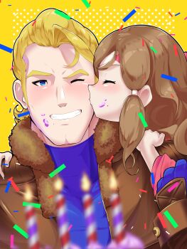 1boy 1girl absurdres arthur_(fire_emblem_fates) birthday birthday_cake blonde_hair blue_eyes blush brown_hair brown_jacket cake couple fire_emblem fire_emblem_fates food hana_(fire_emblem) hat highres jacket keldancon kissing_cheek muscular muscular_male nintendo party_hat smile