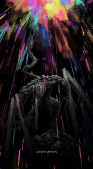 1boy absurdres arm_mounted_weapon artist_name black_background blood blood_splatter chainsaw chainsaw_devil chainsaw_man chikidney claws copyright_name demon demon_boy extra_arms greyscale_with_colored_background highres intestine_clothing intestines male_focus no_eyes pink_blood sharp_teeth simple_background solo spikes teeth