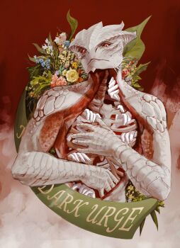 1boy baldur's_gate baldur's_gate_3 bone character_name cropped_torso dismemberment dragon_boy dungeons_&amp;_dragons exposed_bone flower furry furry_male ghost_hands guro highres injury looking_at_viewer male_focus red_background red_eyes ribs scales skyorange slit_pupils solo spine the_dark_urge_(baldur's_gate) upper_body