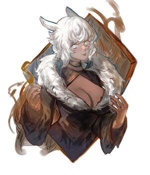 Rule 34 | 1girl, absurdres, animal ears, black dress, blue eyes, breasts, cat ears, cat girl, cleavage, commentary, dark-skinned female, dark skin, dress, final fantasy, final fantasy xiv, fur-trimmed dress, fur trim, highres, long sleeves, looking at viewer, medium breasts, pikopikoe, short hair, solo, white hair, y'shtola rhul